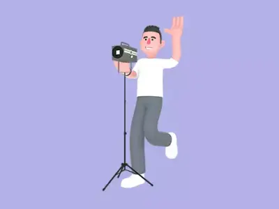 Happy 3D Male Photographer Waving with Studio Light - Cartoon 3D model