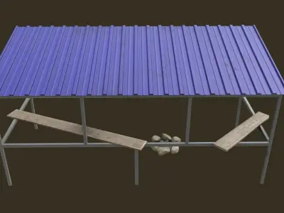 Bus Shelter with Metal Frame Blue Sheet Makeshift Plank Seats Low-poly 3D model
