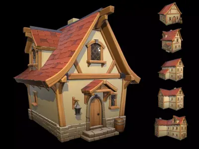 Stylized medieval houses Low-poly 3D model