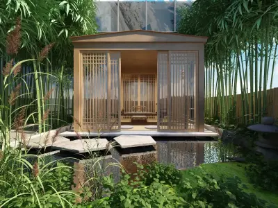 Wooden Gazebo with Tea Set with Greenery 3D model