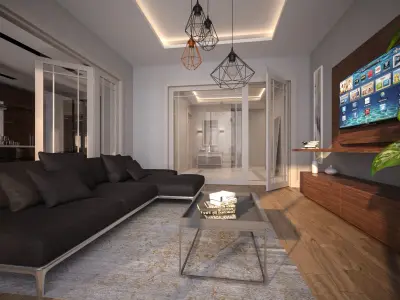 kitchen  living room and doorway design 3 in 1 Low-poly 3D model