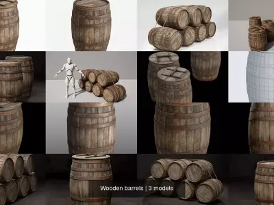Wooden barrels 3D Model Pack