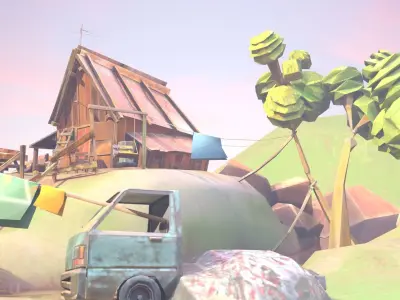 Low Poly Cabin village with truck Low-poly 3D model