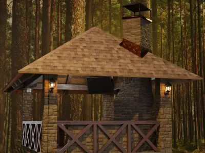 Detailed gazebo with fireplace and lighting 3D model