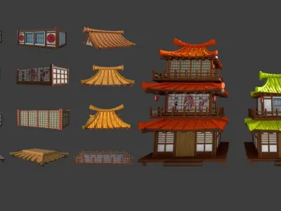 Modular Japanese medieval town Low-poly 3D model