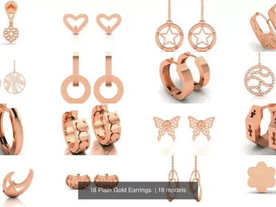 18 Plain Gold Earrings  3D Model Pack