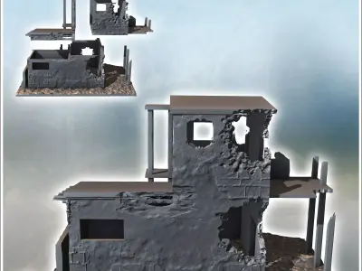 Ruined modern building with external stairs and demolished terra 3D print model