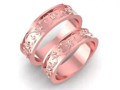 Elegant Floral Engraved Wedding Band Set for Men and Women 808 3D print model