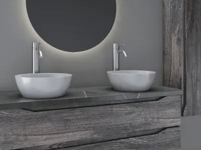 bathroom set 8 modern vanity with double sinks and round mirror 3D model