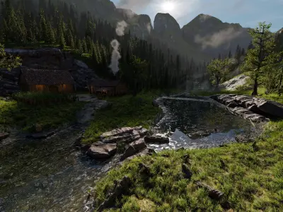 Mountain valley Farmstead Scene 3D model