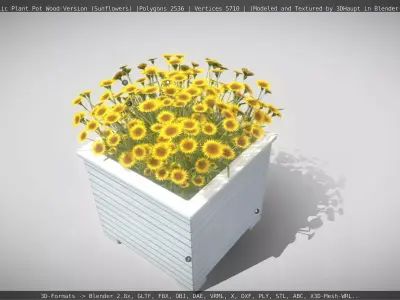 Public Plant Pot Wood-Version with Sunflowers Low-poly 3D model