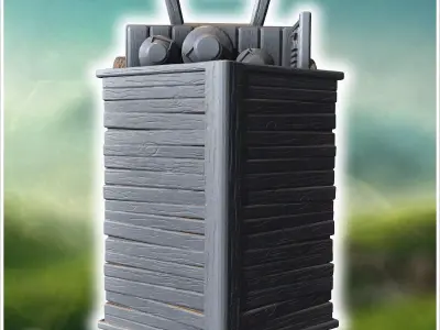 Wooden cart with a roof filled with milk bottles and stacked whe 3D print model