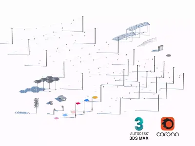 Urban Lighting Play and Shade Structures Set for Public Spaces 3D model