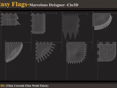 8 Fantasy Flagss -Marvelous Designer-Clo3D-ZPRJ-FBX- OBJ 3D model