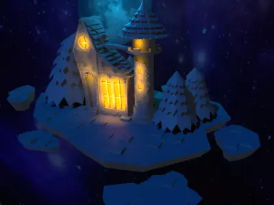space castle on island in night sky 3D model