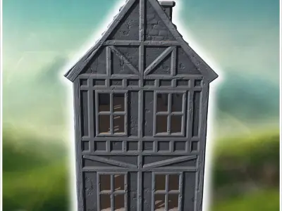 Timber-framed house with a wooden balcony decorative beams and a 3D print model