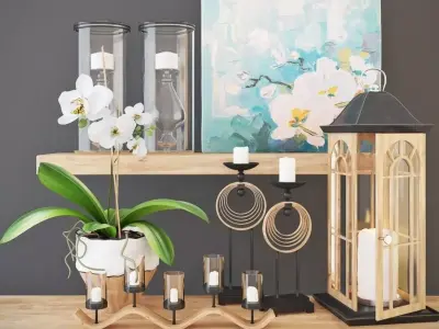 Decoration set wooden shelf with candles and potted plants 3D model