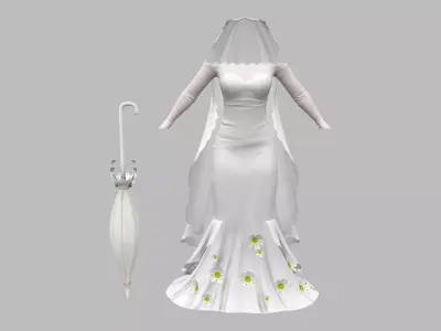 Wedding Dress With Long Veil Cape Umbrella Accessory Low-poly 3D model
