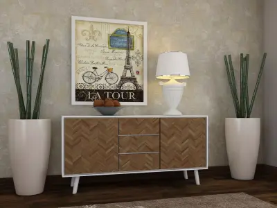 Living Room Wood Mirror Table Bamboo Artdeco Set 3D model