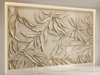Modern Willow Leaves Relief Wall Decor Set STL Mural CNC 399 3D model