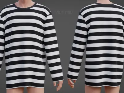 Male Oversized Harajuku Tee Shirt - Long-sleeved Stripes T-Shirt Low-poly 3D model