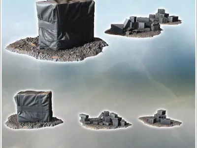 Crates and wrapped supplies grouped on rubble-strewn ground some 3D print model