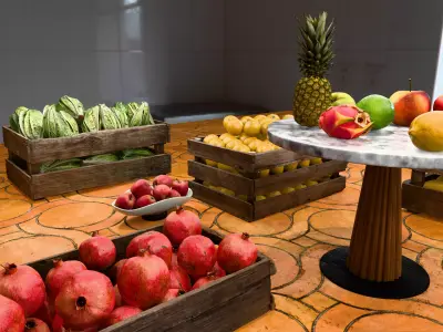 Realistic Fruit Market Scene 8 Crates Table Display Low-poly 3D model