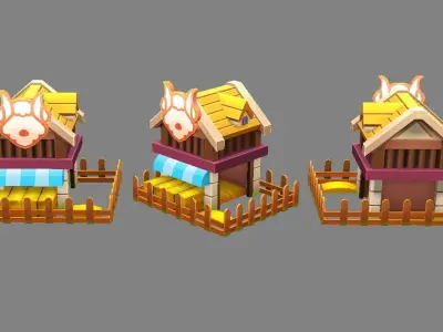 Cartoon farm buildings - cow shed - pigsty - sheep pen Low-poly 3D model