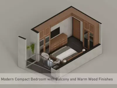 Modern Compact Bedroom with Balcony and Warm Wood Finishes 3D model