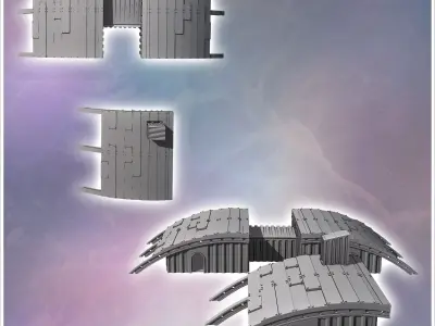 Set of three futuristic oval-roofed barracks with large metal be 3D print model