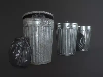 Metal Trash Can with Garbage Bags Low-poly 3D model