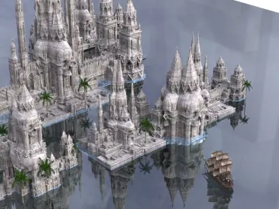 Ancient pirate City With Frigate Ship Full Kit bash 3D model