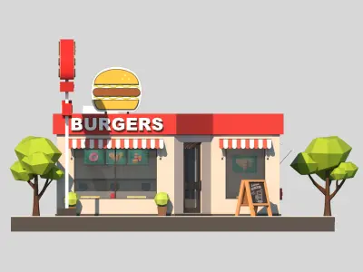 Cartoon Low Poly Fast Food Restaurant Building Low-poly 3D model