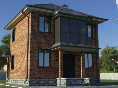 House 3 brick on grassy field 3D model
