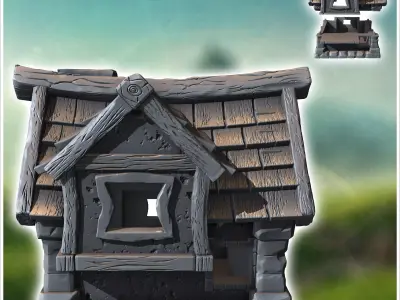 Medieval house with chimney in roof and annex with side window 1 3D print model