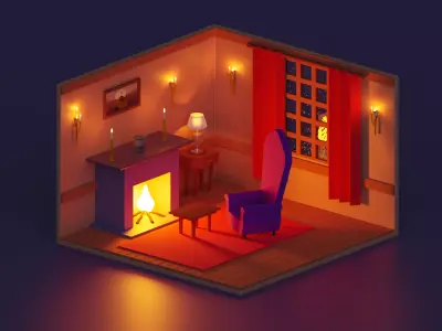 Isometric Hearth Room Low-poly 3D model
