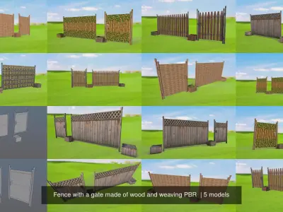 Fence with a gate made of wood and weaving PBR  3D Model Pack