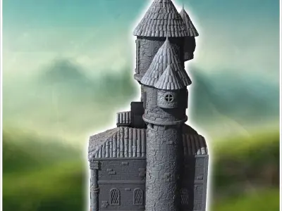 Medieval building with multiple carved doors double towers with  3D print model