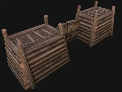 Medieval Fortress Gate with  Wooden Wall Low-poly 3D model