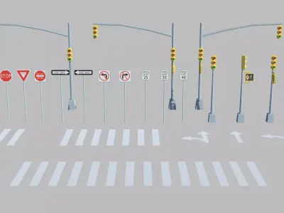 Modular Low-poly Style City Street Assets Kit Low-poly 3D model