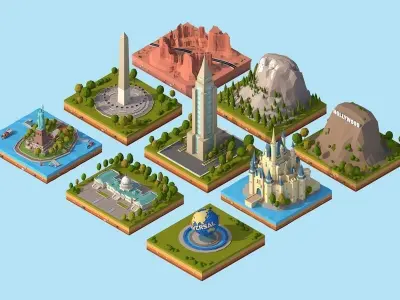 Cartoon Low Poly USA Landmarks Pack Low-poly 3D model