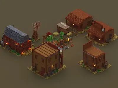 Wild West Outdoors Theme 3D Voxel Models Bundle Low-poly models Low-poly 3D model