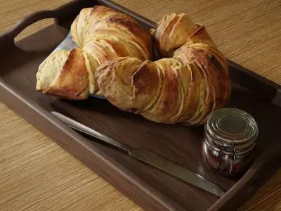 Croissants full set with Tray Knife Jar and Napkin 3D model