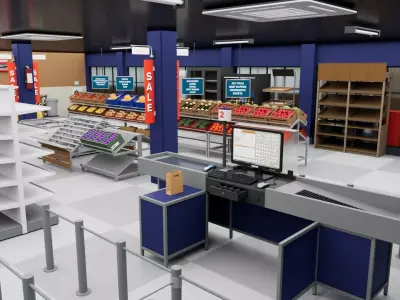 City Supermarket Building Interior Exterior Modular Environment Low-poly 3D model