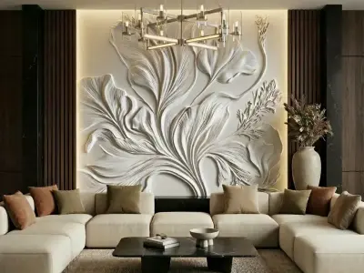 Modern Botanical Relief Panel Wall Decor Set STL Mural CNC 348 3D model