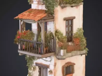 Mediterranean Two Story Villa with Flowers Ivy Game Ready Asset Low-poly 3D model