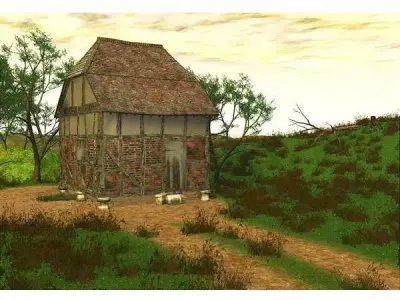 Grainstore brick building with wooden roof 3D model