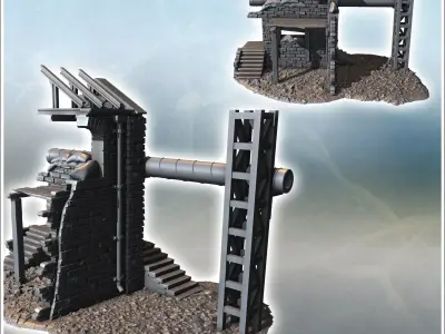 Three-story building with arched windows missing walls and expos 3D print model