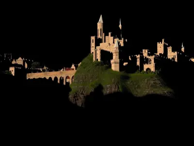 Castle in middle of waterfall Low-poly 3D model