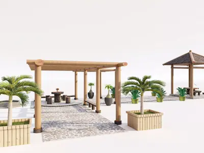 Rustic Pergola with Thatched Gazebo and Stone Path Low-poly 3D model
